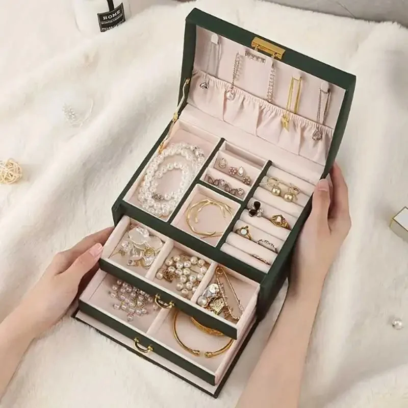 Three Drawer PU Leather Jewelry Box With Security Key Lock, Handheld Earring Ring Necklace Storage Display Case view 6