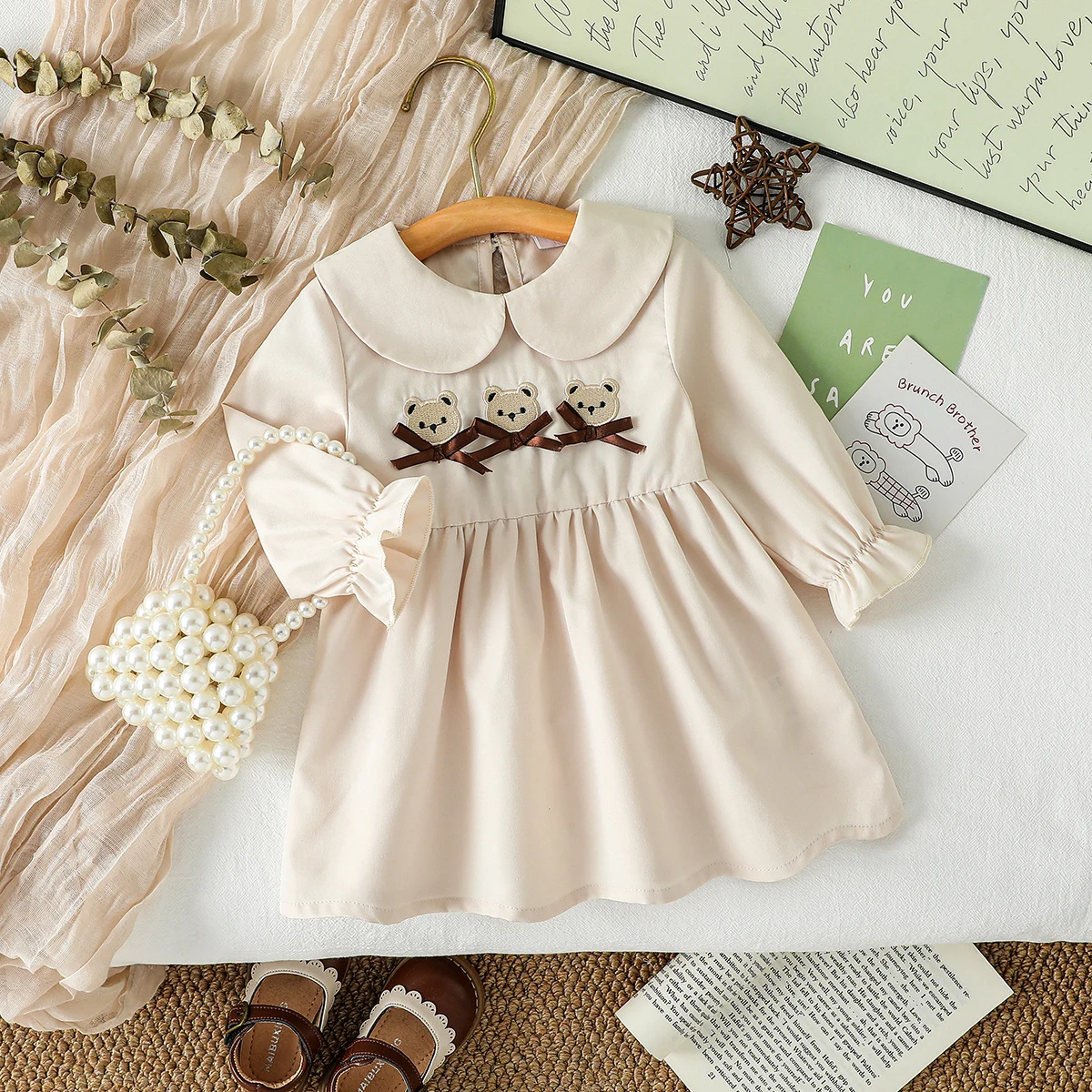 Baby Mädchen Langarm Bär Kleid mit Schleife für Frühling Herbst Puppe Hals Kleid 3-24M Lässige Mode Kleider