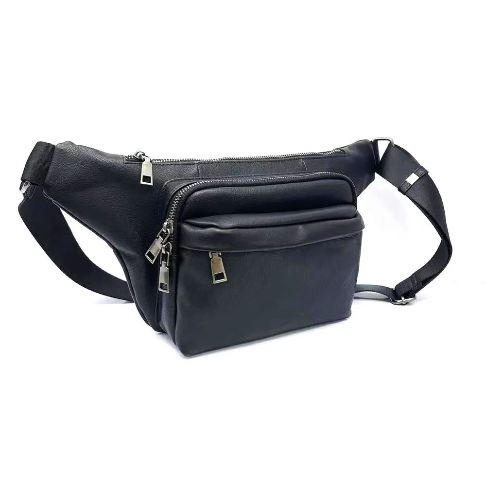 Men's Genuine Leather Crossbody Bag - European & American Fashion Chest Bag for Outdoor & Casual Use, Black Leather Shoulder Bag