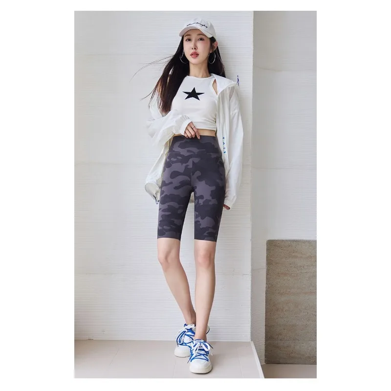 

Женские шорты-велосипедки с высокой талией, камуфляжные, из ледяного шелка, облегающие, с эффектом подтяжки бедер, для повседневной носки, спорта и йоги