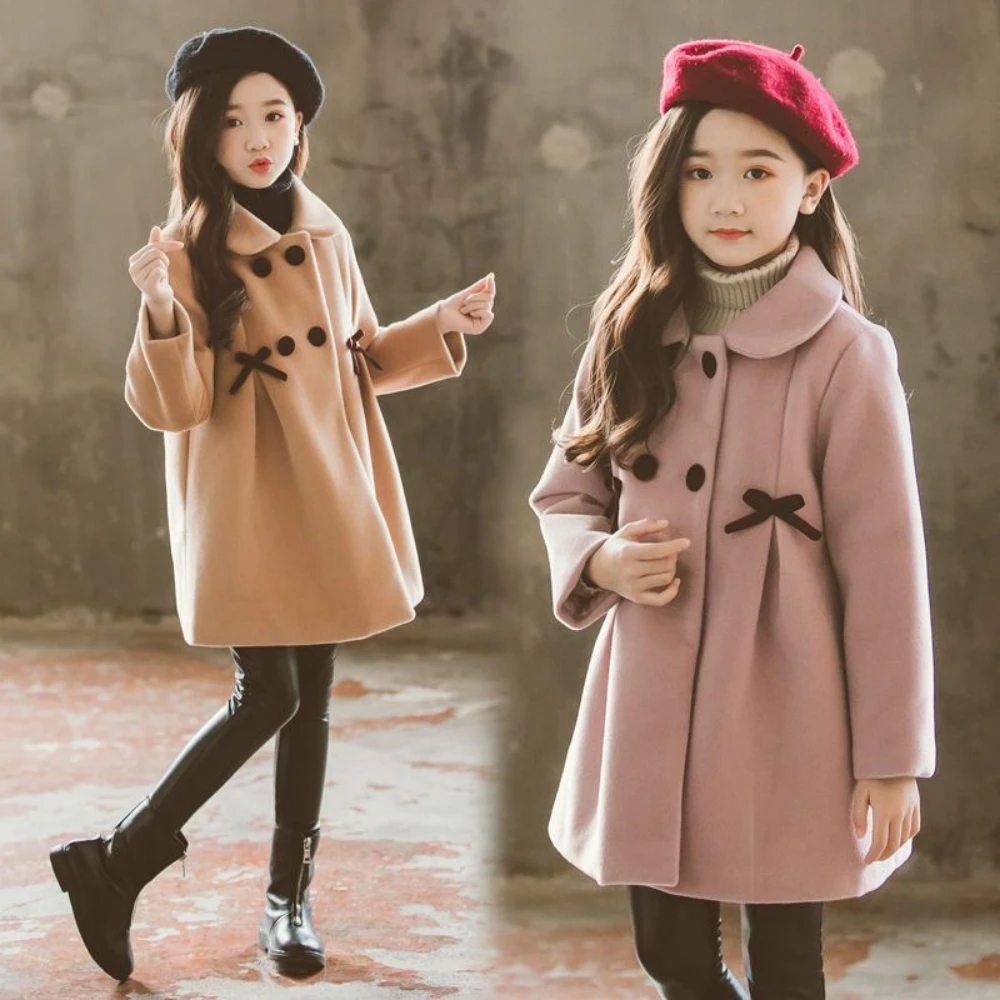 

2023 Double Breasted Solid Sweet Bow Turn-down Collar Mid-Length Girls Children Autumn Winter Double-Sides Woolen Coat Outerwear