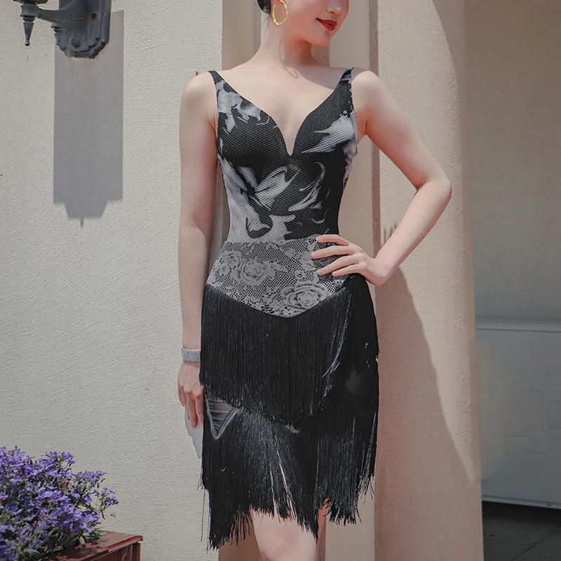 Sexy Zwarte Latin Dans Kostuum Voor Vrouwen Nieuwe Kant Fringe Dans Rok Sling Bodysuit Samba Salsa Dansen Praktijk Kleding VDL3963