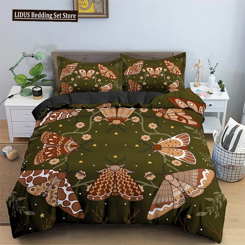 

Butterfly Bedding Set Full King Size Hippie Boho Moth Duvet Cover Microfiber Animal Botanical Psychedelic Starry Sky Quilt Cover