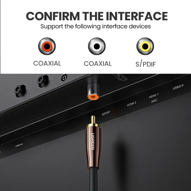 UGREEN 동축 디지털 오디오 케이블 금도금 편조 서브우퍼 케이블 RCA 남성-남성 HiFi 5.1 SPDIF 스테레오 오디오 케이블