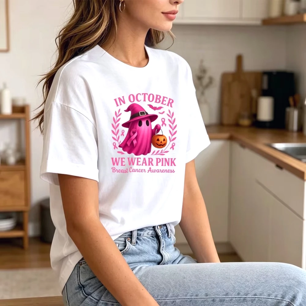Halloween Pink Ghost Pumpkin Ribbon Graphic  Women's Oversized T-shirt Summer Breast Cancer Awareness Holiday Style Cheap Tops