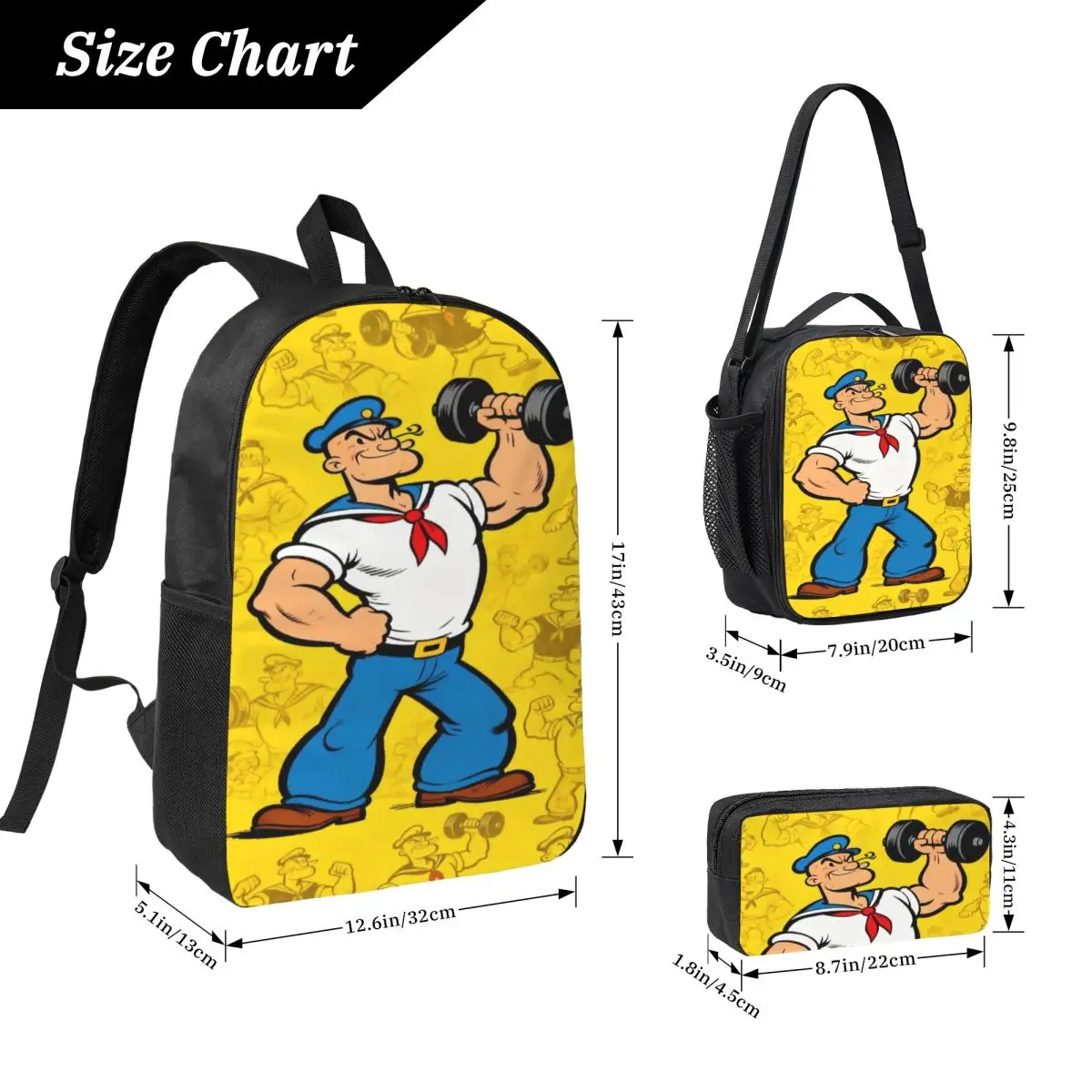 3Pcs P-popeyes Backpack Set for Kids Pen Bags Bookbag Sets with Lunch Box For School Students Knapsack