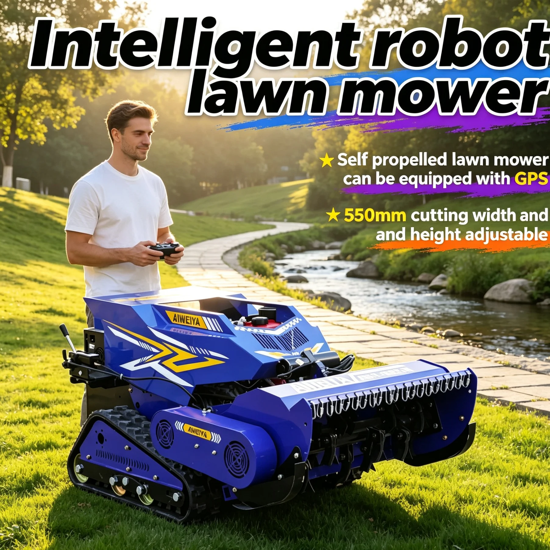 Customized Self-propelled Remote Lawn Mower supports long-distance control and optional GPS module with complete CE certificatio