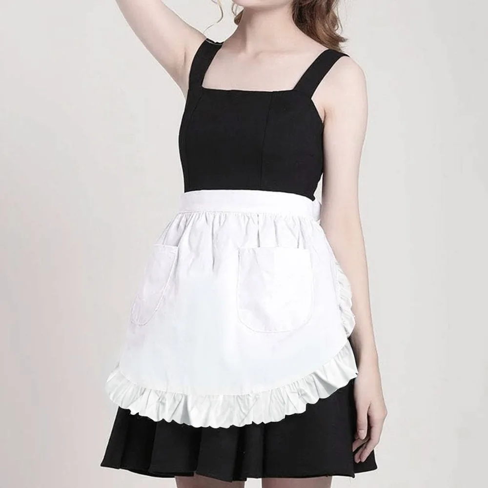 Home Use European Style Maid Apron Dual Pockets Polyester Cooking Half Apron Breathable with Ruffled Waist Apron Hotel