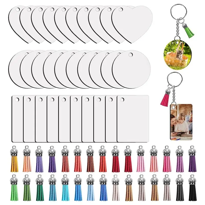 KSOL Sublimation Key Ring Blanks Set with Heat Transfer MDF Blank 3 Shapes Tassels Pendant Jump Rings Key Ring with Chain