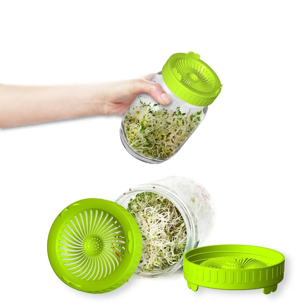 Green Sprouting lids Germination Plastic Mesh Mason Jar Lid with handle 86mm Sprout Cover Growing Seed Crop