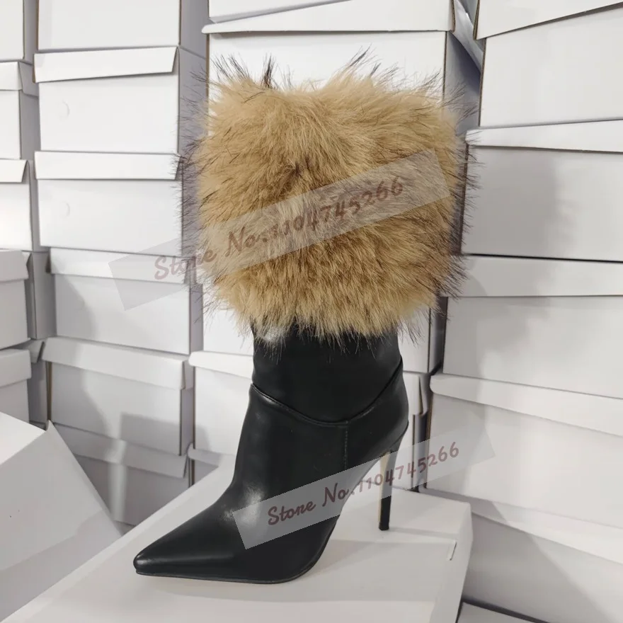 Mulheres pele macia botas de salto alto tornozelo preto fosco couro retalhos botas de pelúcia elelgant outono inverno sapatos de vestido peludo