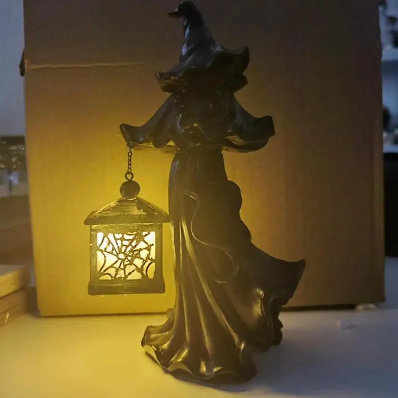 Scultura fantasma senza volto strega di Halloween in resina realistica con statue di lanterne alla ricerca di un diavolo spaventoso leggero per la