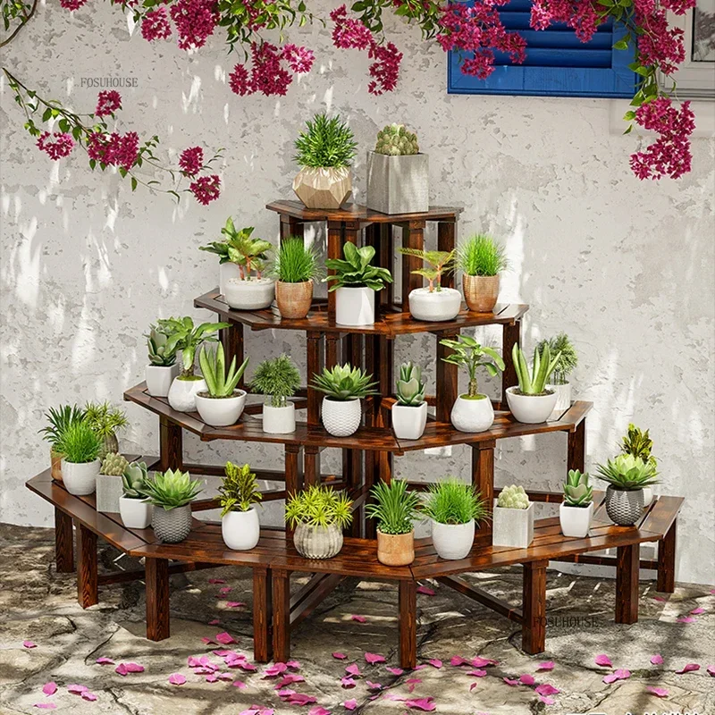 #Outdoor Antiseptic Wood Plant Shelves Garden Balcony Corner Flower stand Multi-layer Ladder Corner Succulent Plant Display Rack
