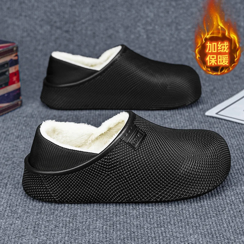 Winter EVA Closed Toe Cotton Slippers, Fleece Lined Warm Waterproof Non‑Slip Lightweight Indoor Outdoor Shoes for Men Women