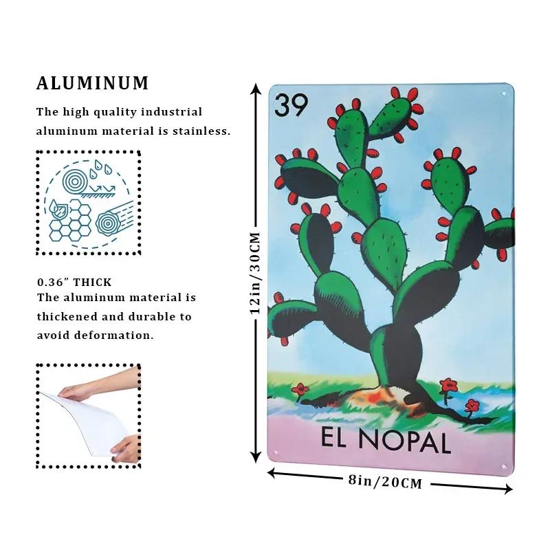 Cactus El Nopal Loteria Card Mexican Bingo Metal Tin Sign Vintage Succulent Plants Wall Plaque Poster Country Plaque