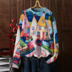 Women Clothing Stylish Vintage Print Chic Knitted Sweater Autumn Winter O Neck Long Sleeve Loose Pullover Tops Y2K Casual Jumper