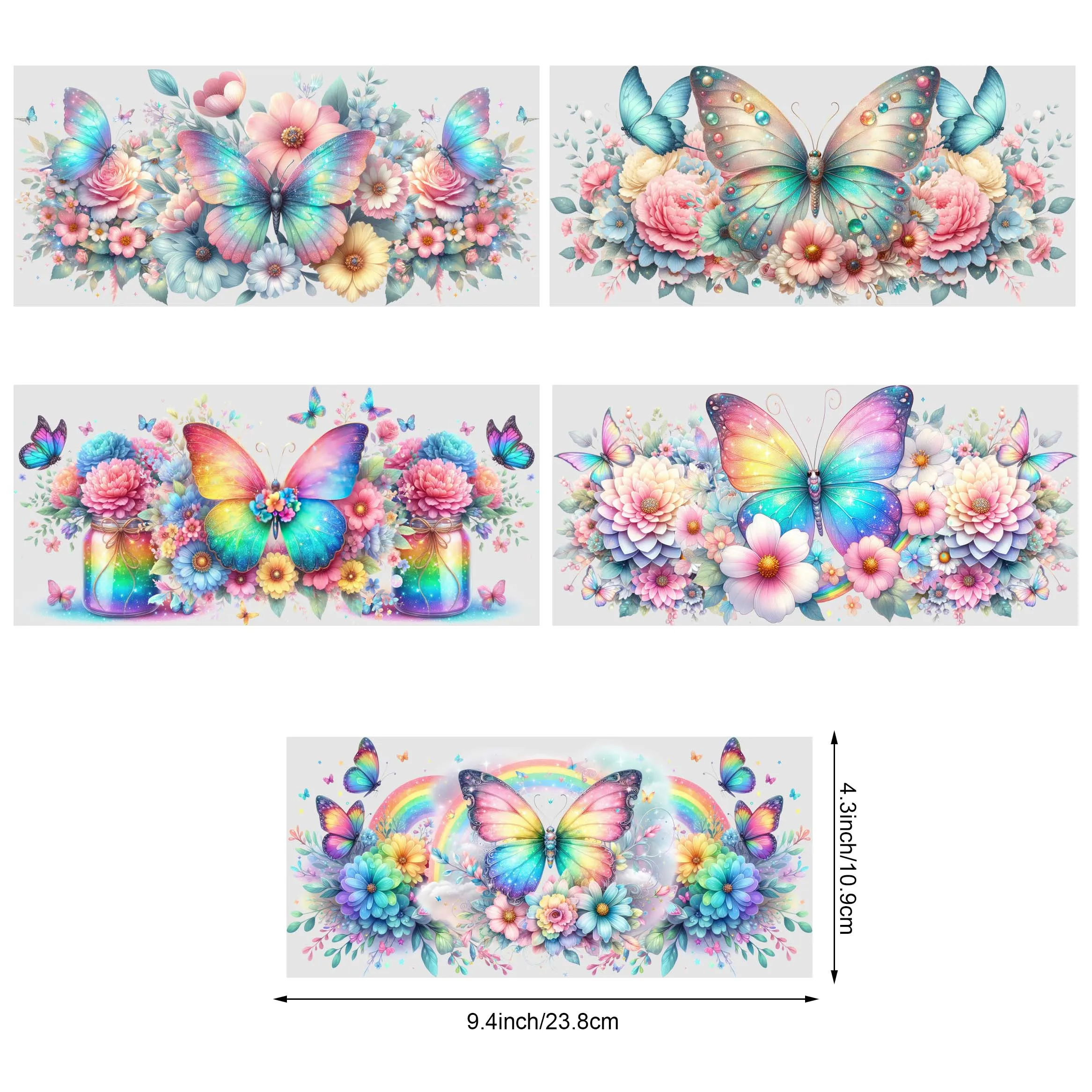 5sheets Butterfly Pattern UV DTF Cup Stickers, Waterproof Sticker Pack For Decorating Mugs, Cups, Bottles, School Supplies, Etc