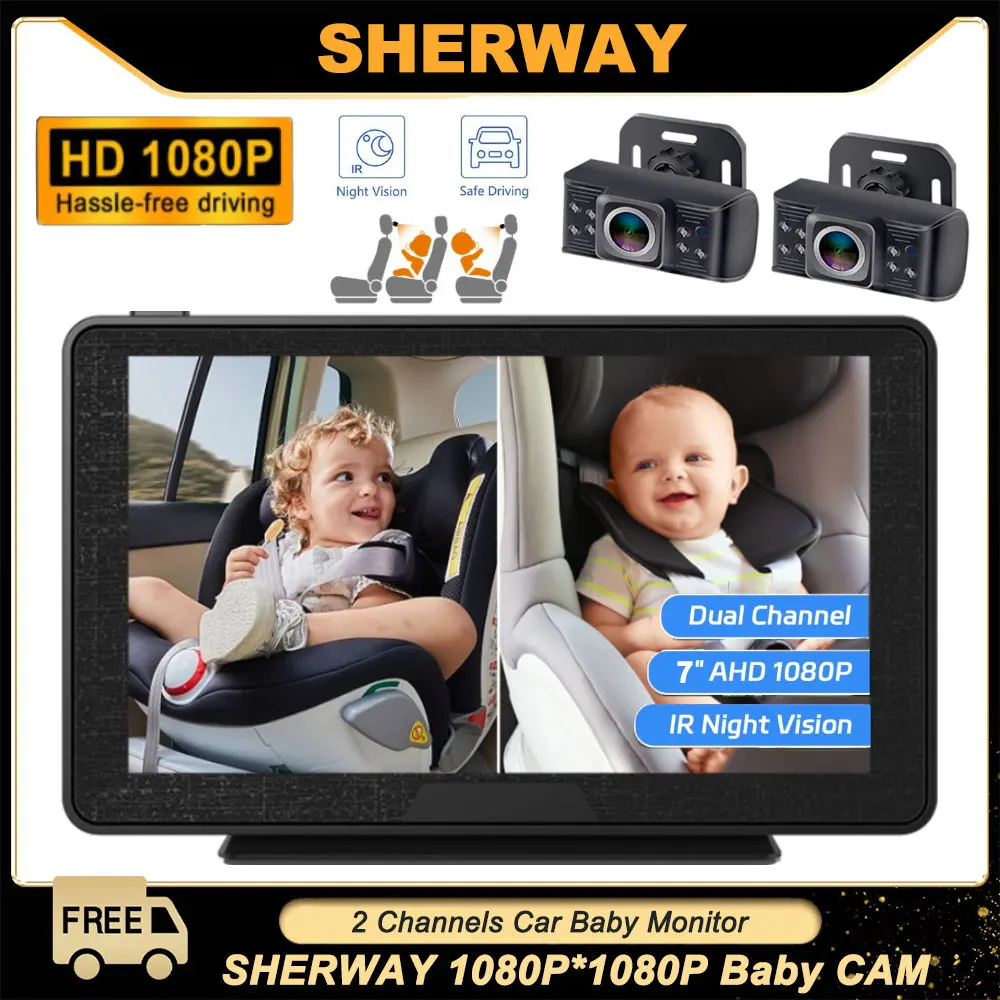 Детская автомобильная камера 7 дюймов, 1080P, FHD, двойное автомобильное детское зеркало, вращающаяся на 360 градусов камера на заднем сиденье для 2 детей, прозрачное ночное видение, простая настройка