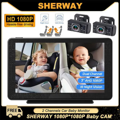 Cámara de coche para bebé, 7 "", 1080P, FHD, espejo doble para coche, cámara giratoria de 360 grados para asiento trasero para 2 niños, visión nocturna clara, fácil configuración