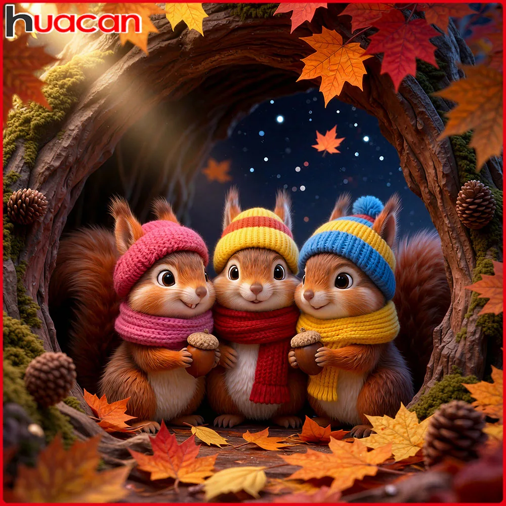 Huacan Volldiamantgemälde, Eichhörnchen, Herbst, Diamantmosaik, Tierlandschaft, neue Kollektion 2025, Geschenk