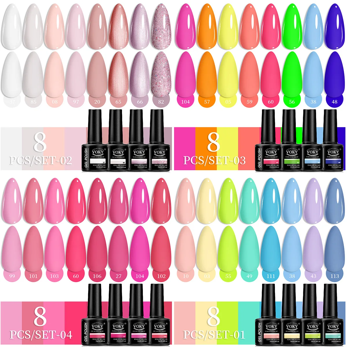

VOKY 8-Piece Solid Color Nail Gel Set, UV LED Soaking, Semi-Permanent Topcoat, Alcohol-Free, Perfect for DIY Nail Art