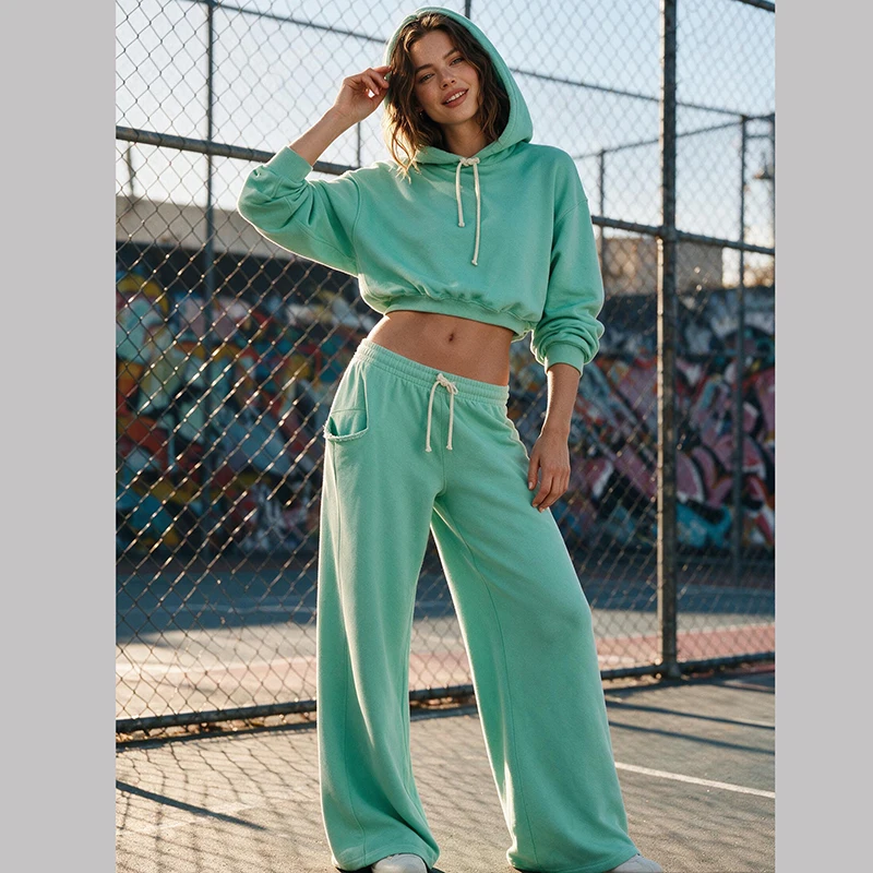 Women Soft Fabric Loungewear Two Piece Set Cropped Drawstring Hoodie Top Elastic Waist Wide Leg Sweatpants Street Tracksuit