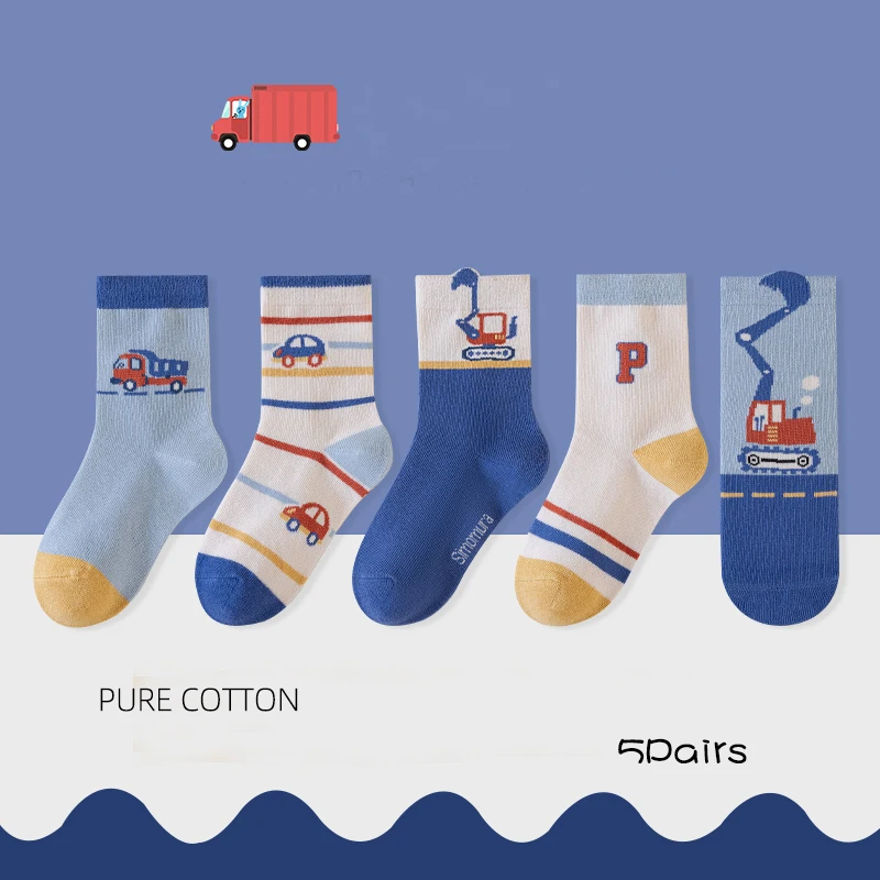 Boys' Cartoon Car Mid-Calf Socks Spring Summer Autumn Breathable Cotton Socks for Kids 2-10Years