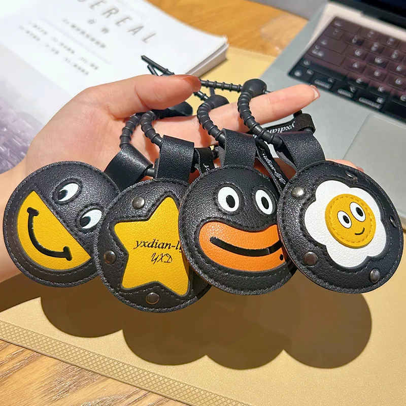 Cool Black Leather Niche Personality Pentacle Smiling Face Keychain Funny Couple Bag Pendant Flower Clown Badass Doll Key Chain