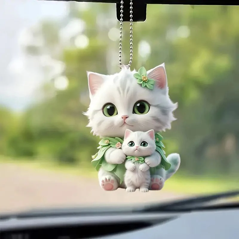 Car Hanging Pendant Rearview Mirror Decoration Backpack Cat-Shaped 2D Acrylic Hanging Ornament Car Interior Decor Handmade Craft