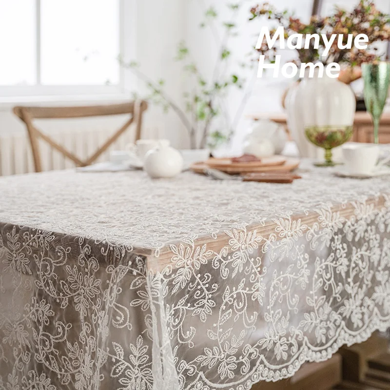 Retro Ins Long Tablecloth White Embroidered round Tablecloth Counter Bedside TV Tablecloth Lace Nordic Style Home Fabric