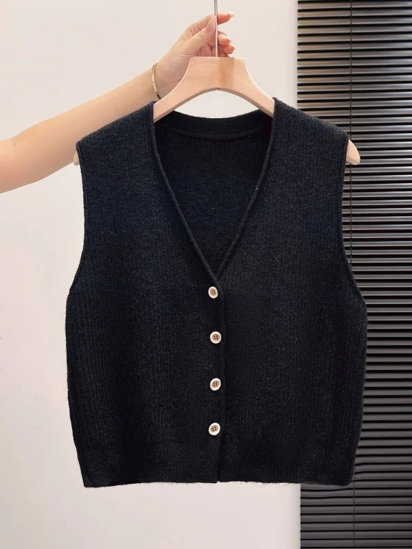 Slimming Short V-Neck Knitted Cardigan Vest Women's Layering Spring Autumn plus Size Fashionable Straight Cut  Color