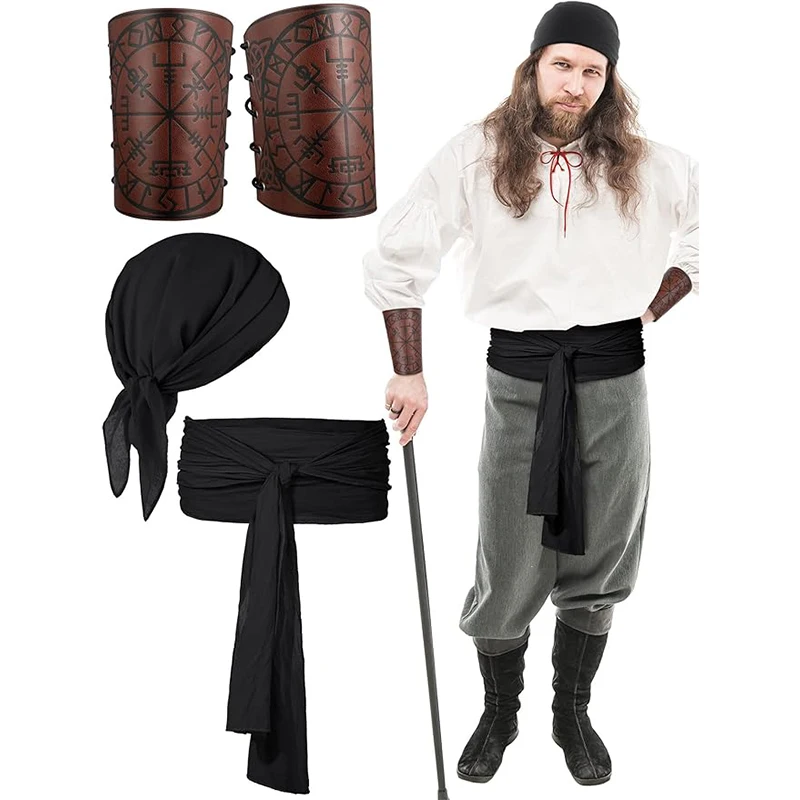 Kostium Pirata na Halloween dla Kobiet i Mężczyzn, Zestaw: Bandana, Pas, Opaska na Głowę, Ochraniacze na Nadgarstki, na Imprezę Halloweenową, Piracki Bal Maskowy
