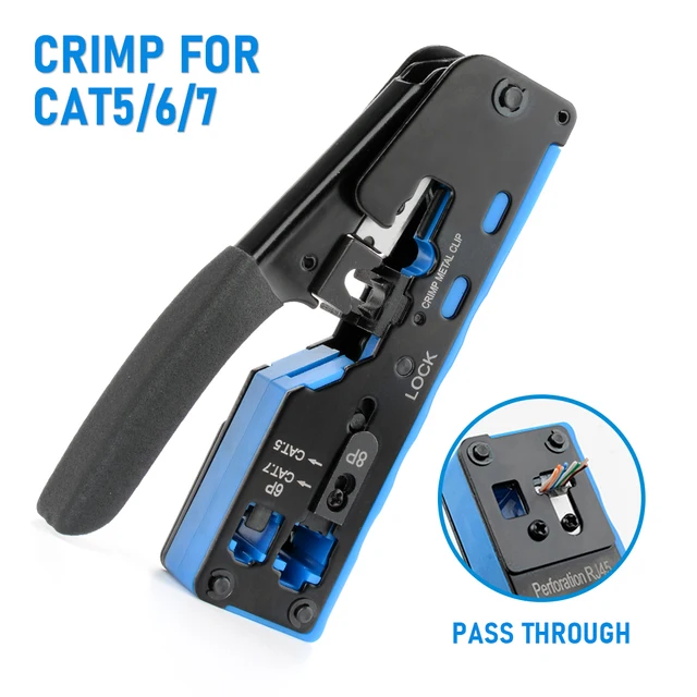 Szczypce do zaciskania RJ45 Przez przelotkę do zaciskania i ściągania izolacji dla Cat7 Cat6 Cat5e 8P8C Złącze modułowe Ethernet Uniwersalne narzędzie do przewodów