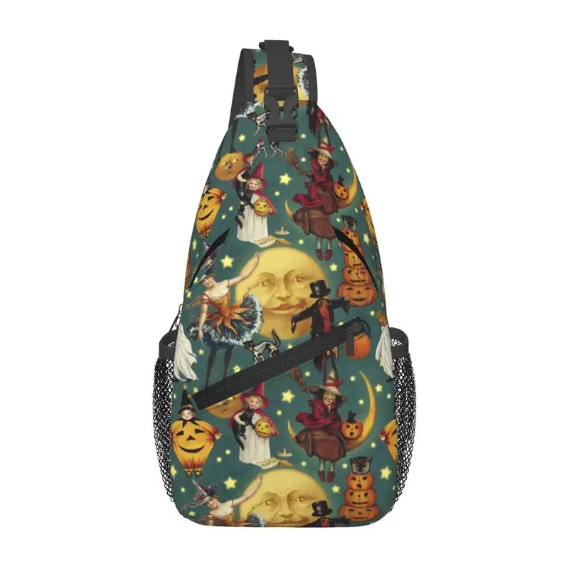 

Винтажный Хэллоуин Призраки Ведьмы Скелет Кошки Коллаж Сумка-слинг для путешествий Мужской нагрудный рюкзак через плечо Рюкзак на плечо