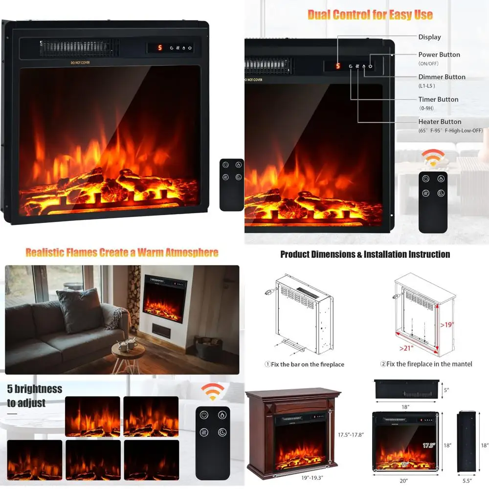 

Electric Fireplace Insert 18 Inch, 1500W Freestanding Heater with Adjustable Flame Effect and Temperature Control for Home Use