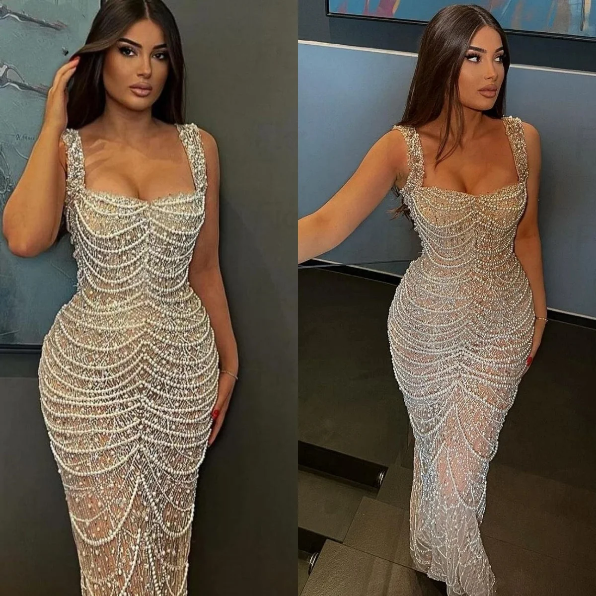 スパゲッティストラップ付きの豪華なパールイブニングドレス,人魚の有名人のウエディングドレス,アラビア語のドバイのウェディングドレス