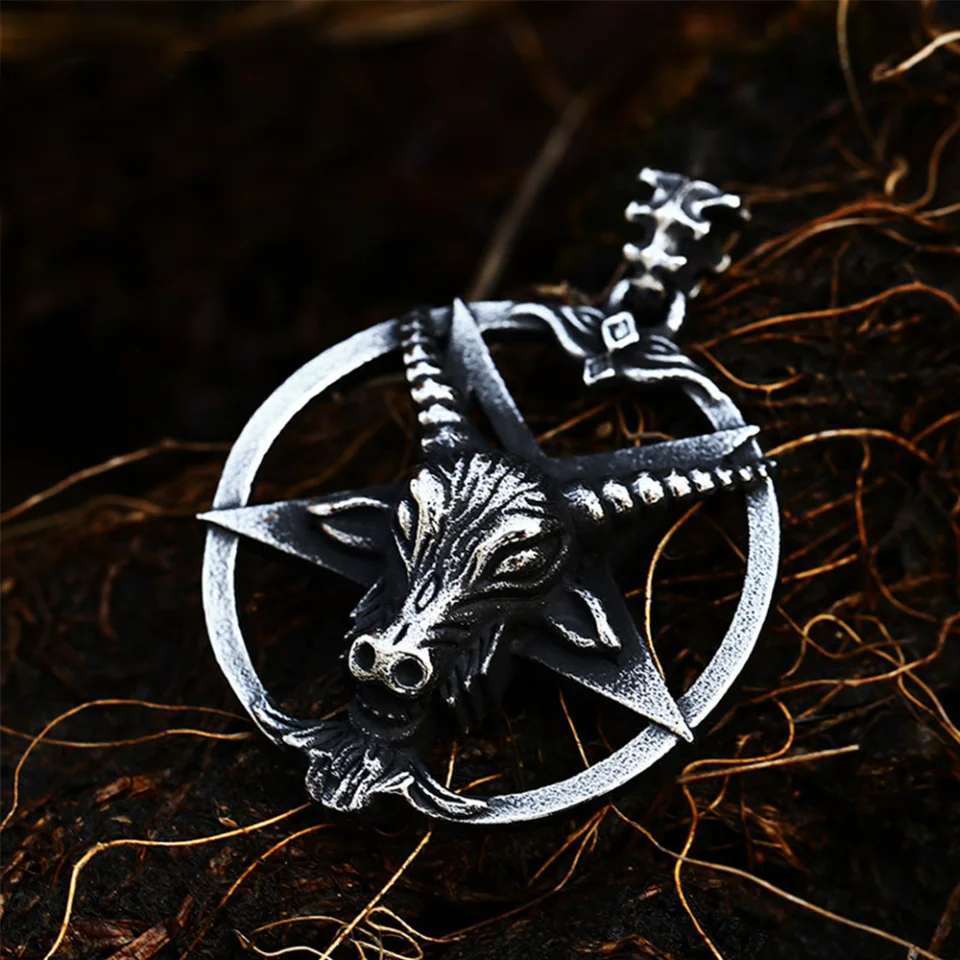 Vintage Satanic Demon Sheep Head Pendant Necklace For Men Stainless Steel Punk Biker Pentagram Necklaces Jewelry Gifts Wholesale