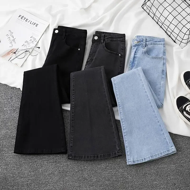 Lightweight wash, women's slim-fitting high-waisted flared pants, elastic casual pants, small size, jeans suitable for autumn
