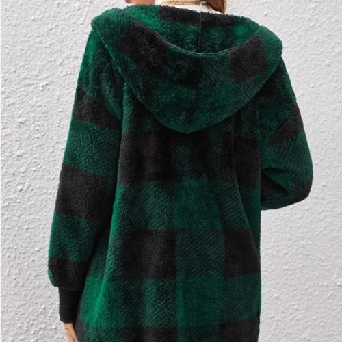 Imagen 2 del producto Cárdigan a cuadros de doble lana para mujer, chaqueta suave holgada de manga larga de felpa cálida con capucha, abrigo de retales para mujer, Otoño e Invierno