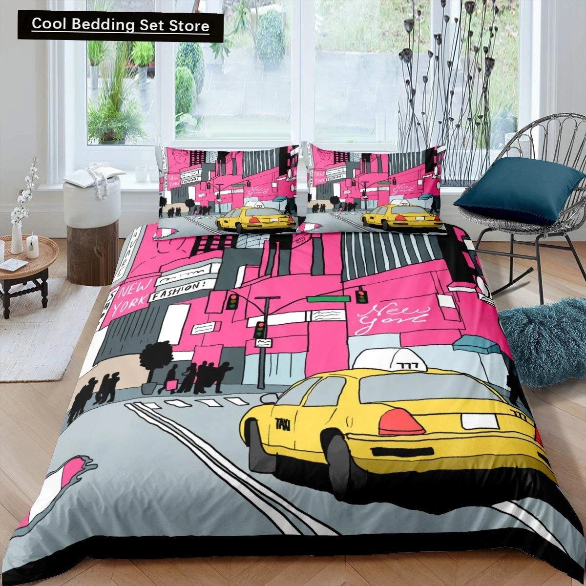 

Yellow Taxi Car King Queen Duvet Cover Boys Cartoon Transport Bedding Set Pink Cityscape Quilt Cover Polyester Comforter Cover