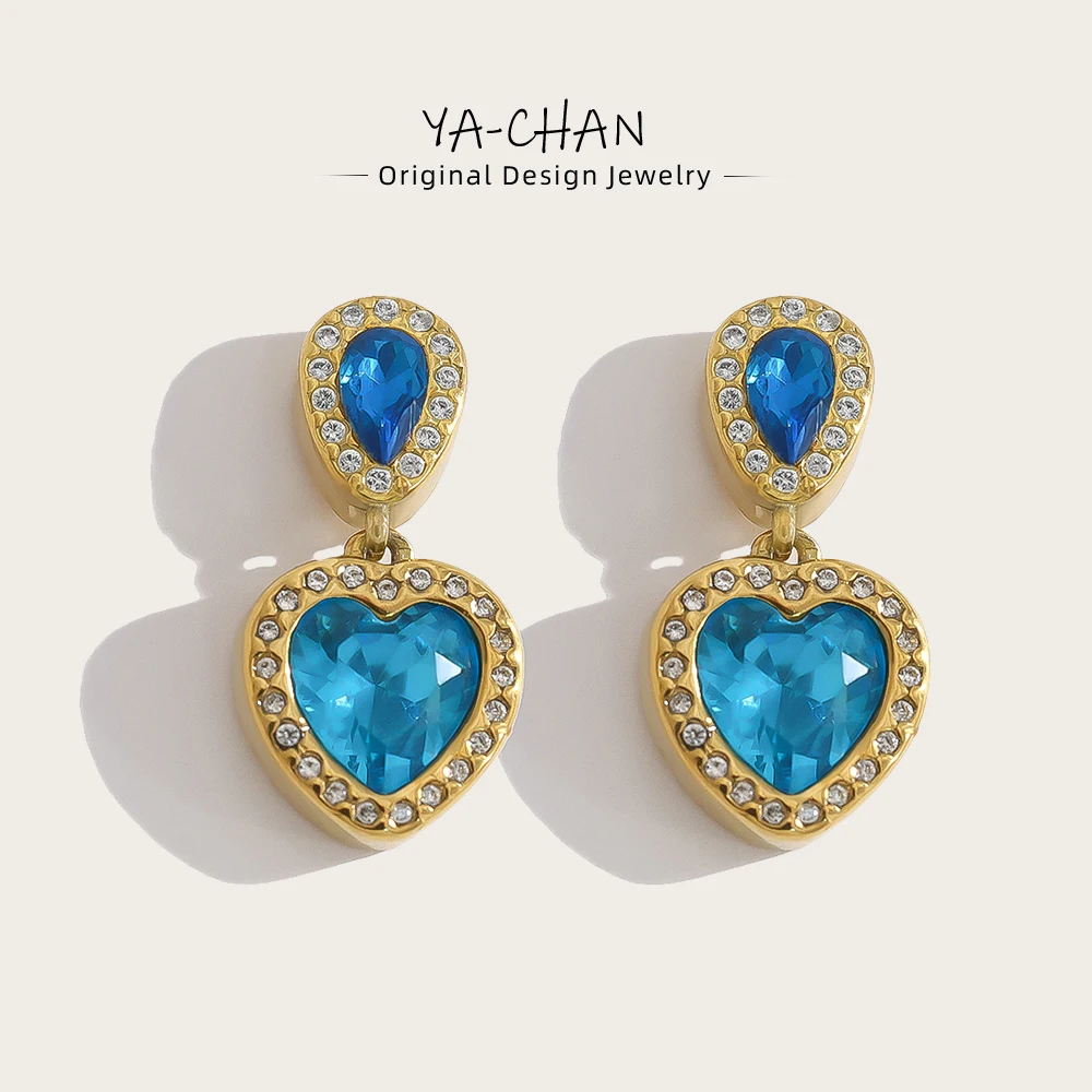 YACHAN Pendientes Colgantes de Corazón de Cristal Azul Vintage Elegantes para Mujer, Joyería Moderna en Acero Inoxidable Chapado en Oro de 18K