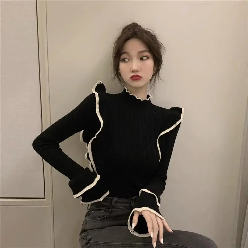 Long Sleeve Solid Color Pullovers Slim Fashion Femme Interior Lapping Patchwork Elegant Knitting Tops Women\'s Clothing 2023 New