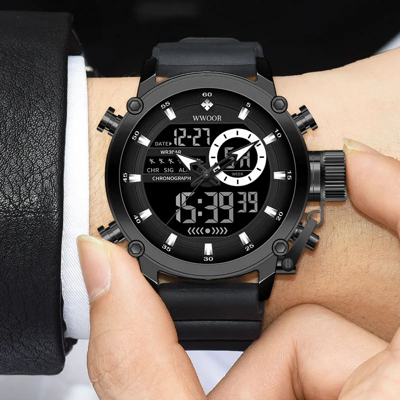 WWOOR New Watches For Men Luxury Black Digital Mens Wristwatch Military Sports Quartz Male Watch Silicone Strap Waterproof Clock