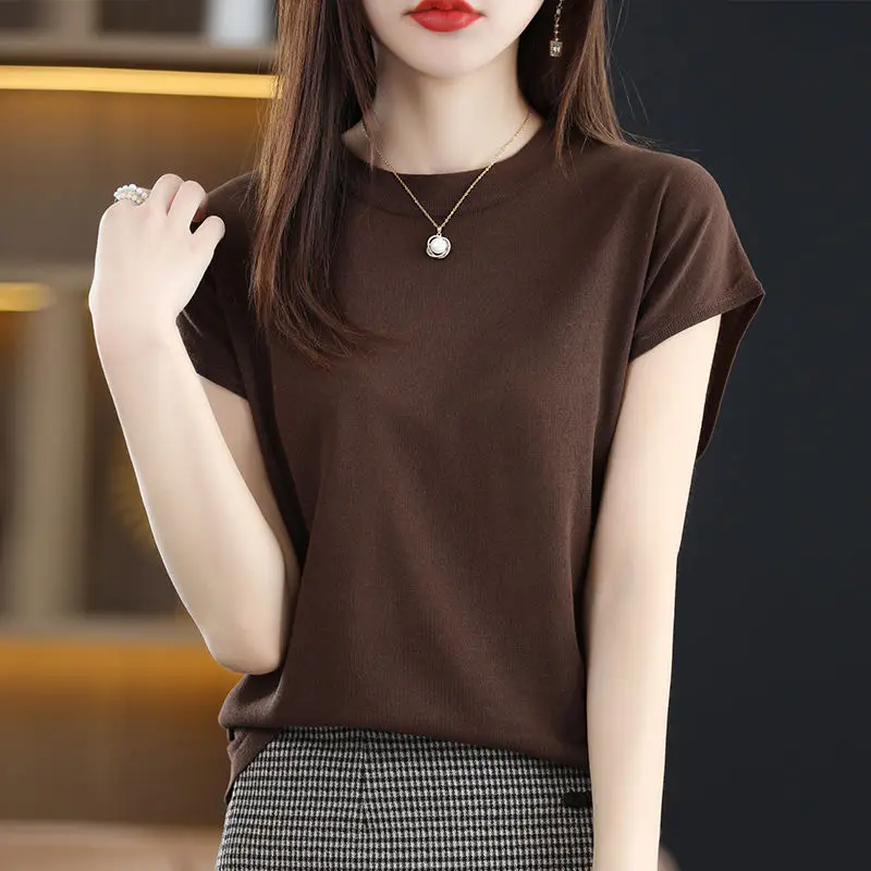 Fashion Solid Color Knitted Loose Korean T-Shirt Women\'s Clothing 2023 Spring New Casual Pullovers All-match Tee Shirt