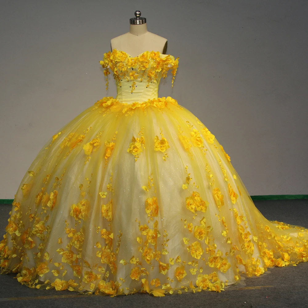 Elegant Sweetheart Yellow Quinceanera Dress Charming Off The Shoulder Party Dress Ball Gown Flower Girl Sweet 16 Gown Vestidos