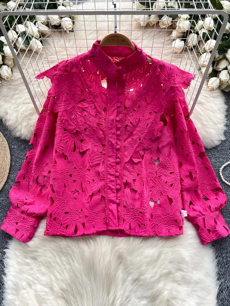 Vintage Lace hollow out blouse for women 2024 Summer Beach Luxury Lantern sleeve shirt Lady Solid color Top Pink INKEO 4T190