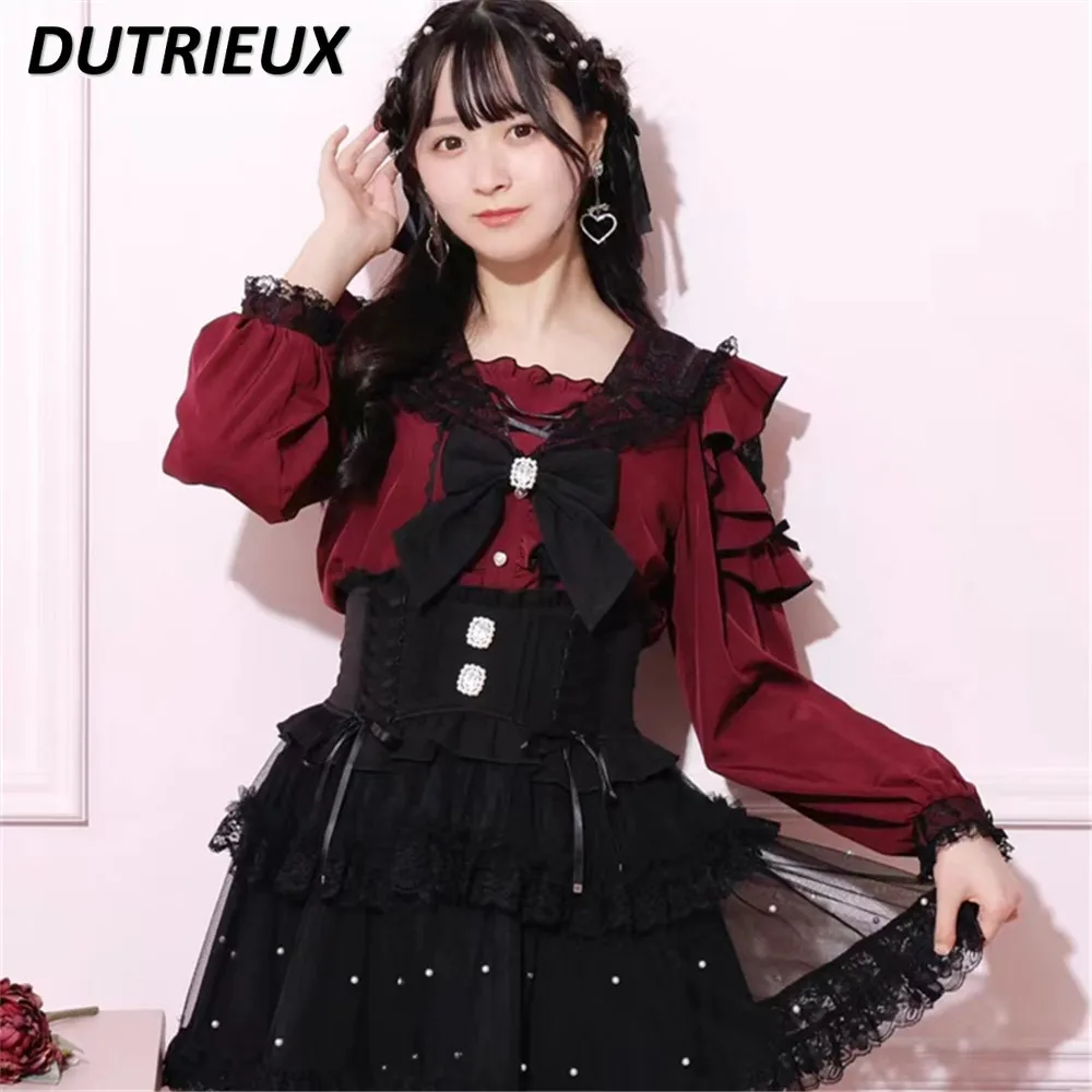 Japanese Mines Style Sweet and Cute Girls\' Versatile Tops Spring and Autumn New Bow Lace Long-sleeved Navy Collar Shirt