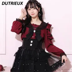 Japanese Mines Style Sweet and Cute Girls' Versatile Tops Spring and Autumn New Bow Lace Long-sleeved Navy Collar Shirt