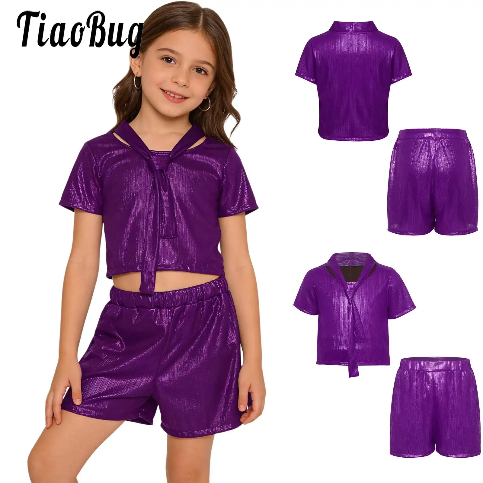

Kids Boys Girls Cheerleading Street Hip Hop Dance Outfit Performance Set Metallic Ribbed Short Sleeve Necktie T-shirt And Shorts