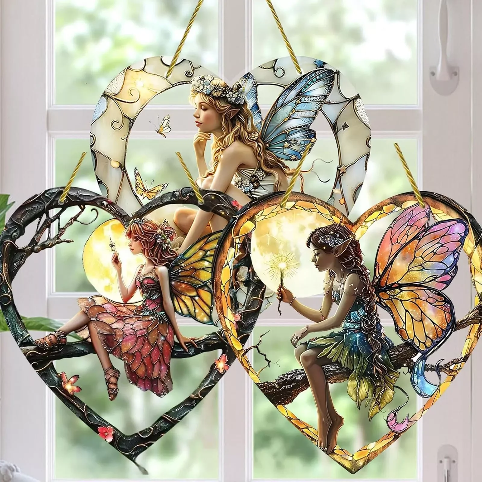 Magical Fairy Elegant Night Fairy Suncatcher Stained Glass Acrylic Heart Wall Hanging Home Outdoor Car Hanging Decorative